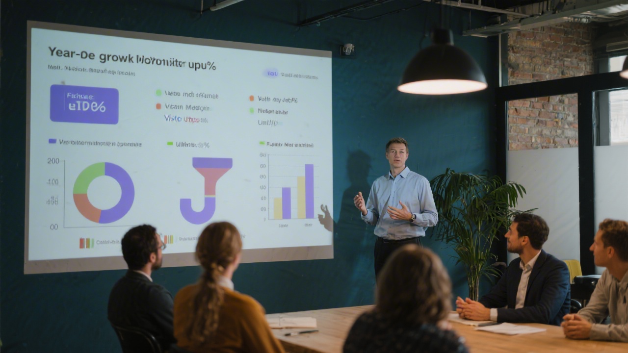 Graph-filled presentation projected onto wall highlighting year-one growth indicators, visitor uplift percentages, and funnel metrics explained by consultant to attentive startup leaders