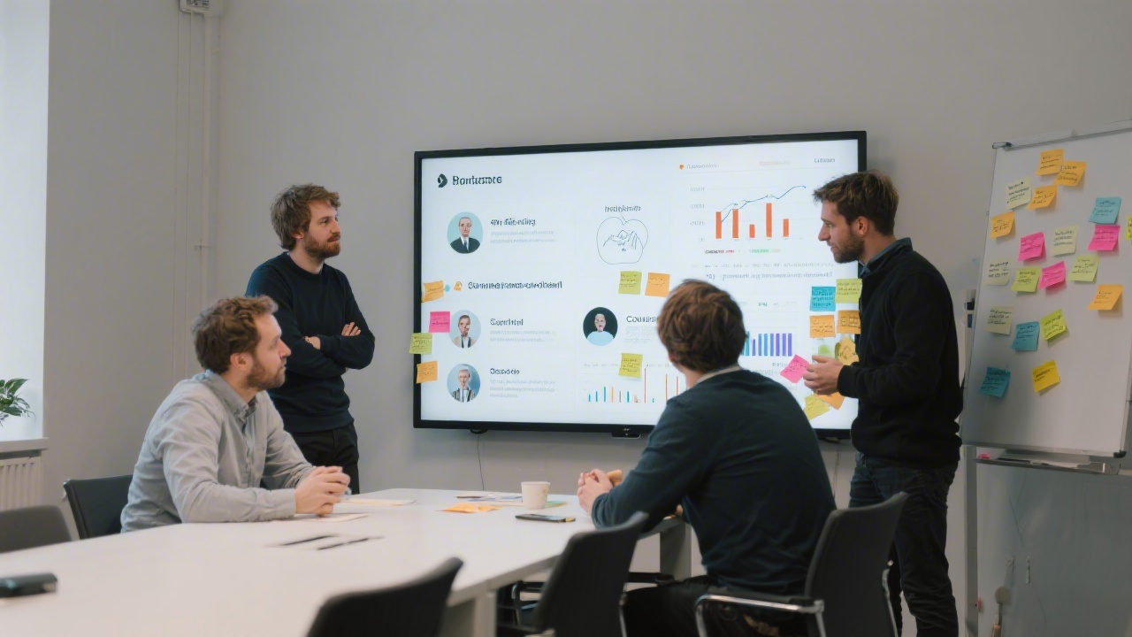 Small group of founders brainstorming around touchscreen display covered in persona insights, conversion metrics, and post-it ideas within a minimalist Brussels meeting room