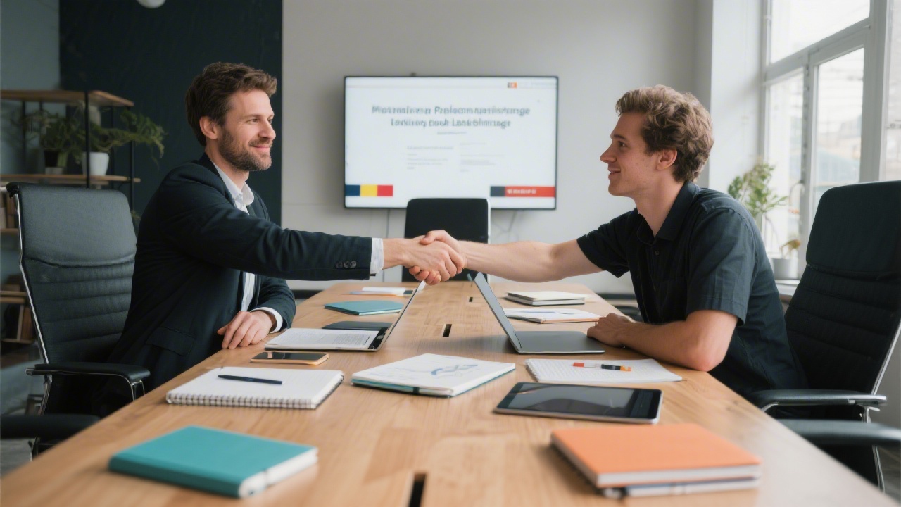 Creative director shaking hands with startup founder across conference table filled with notebooks and tablets, symbolising strategic partnership for launching a high performance Belgian landing page