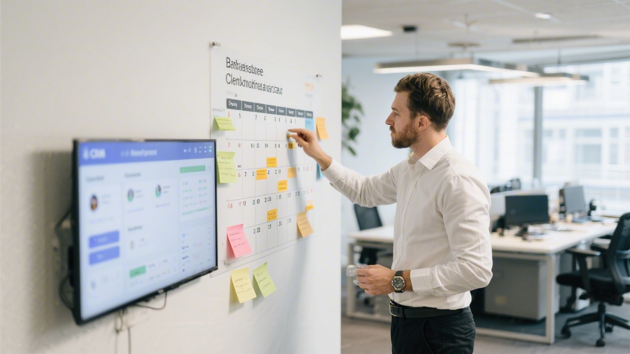 Project manager scheduling milestones on wall calendar while referencing CRM dashboard and stakeholder notes inside modern Brussels office dedicated to client onboarding