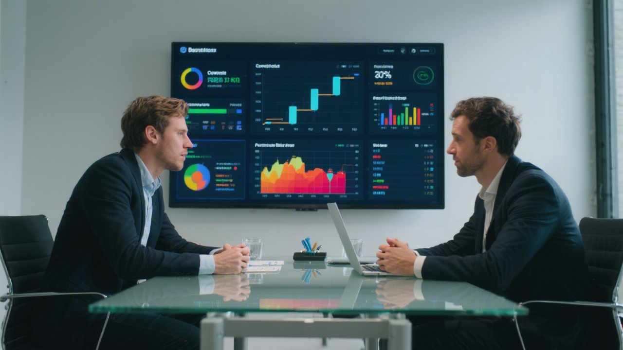 Detailed analytics dashboard displaying conversion rates, user acquisition funnels, heat maps, and performance benchmarks discussed by two marketers strategising improvements around a glass meeting table in Brussels