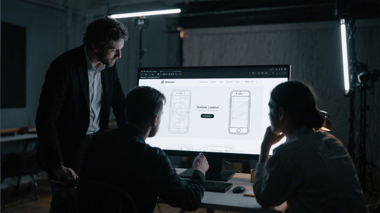 Professional Belgian creative team reviewing wireframes for a mobile friendly landing page on a large monitor in a dimly lit studio environment focusing on premium branding details
