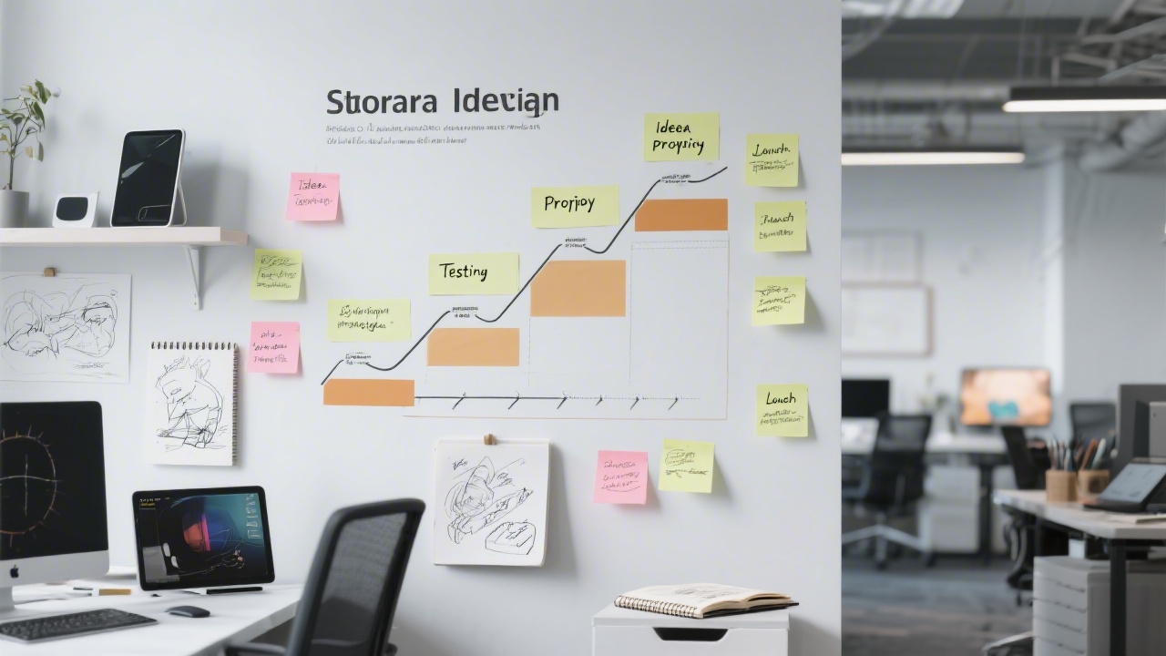 Storyboard of iterative design process pinned on wall with sticky notes showing ideation, prototyping, testing, and launch phases surrounded by modern devices and sketchbooks in a sleek agency workspace