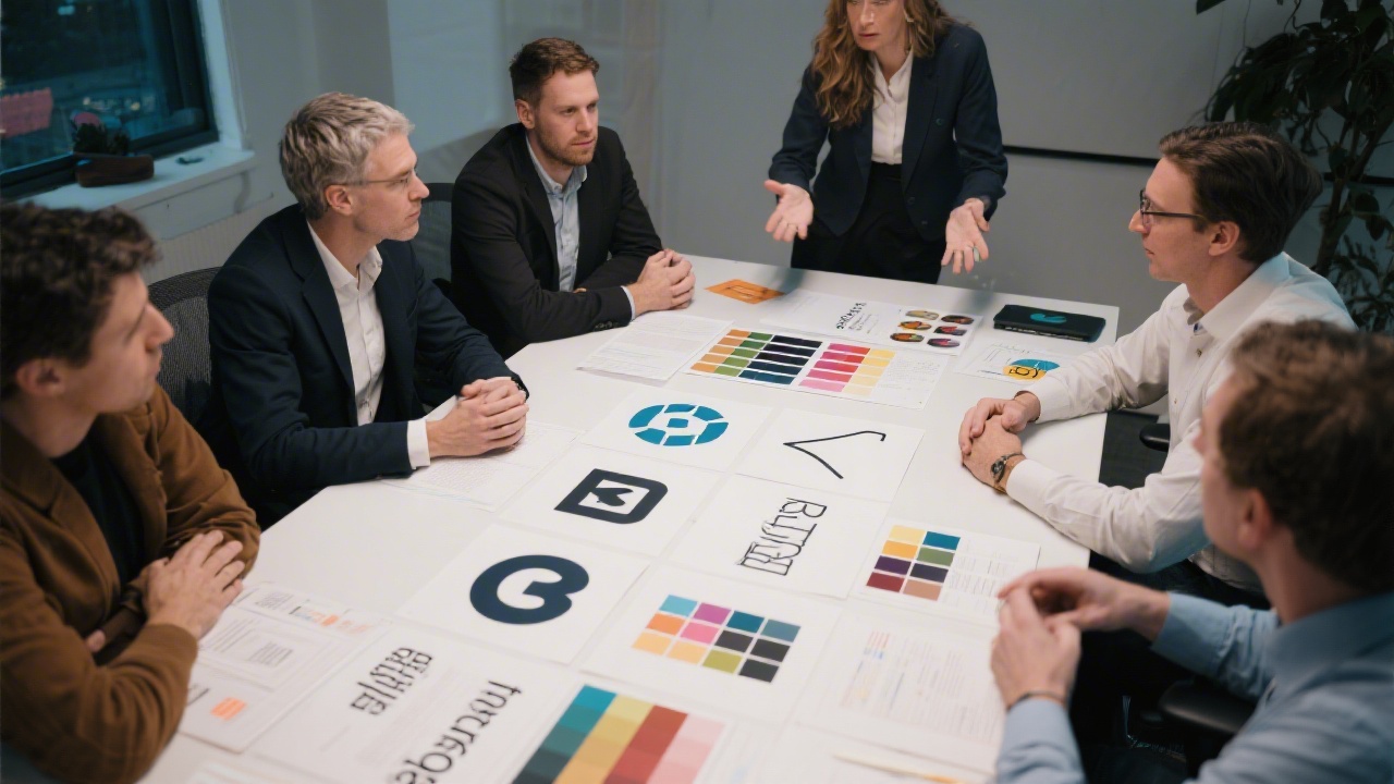 Brand strategist arranging printed logo explorations, color palettes, and typography studies on tabletop while discussing visual hierarchy with marketing stakeholders during creative review