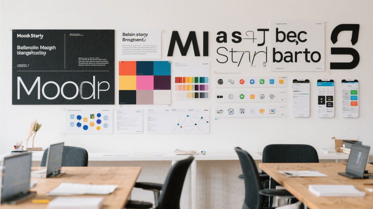 Moodboard presentation combining typography samples, color swatches, icon sets, and responsive mockups arranged neatly on a desk prepared for a Belgian startup branding workshop session