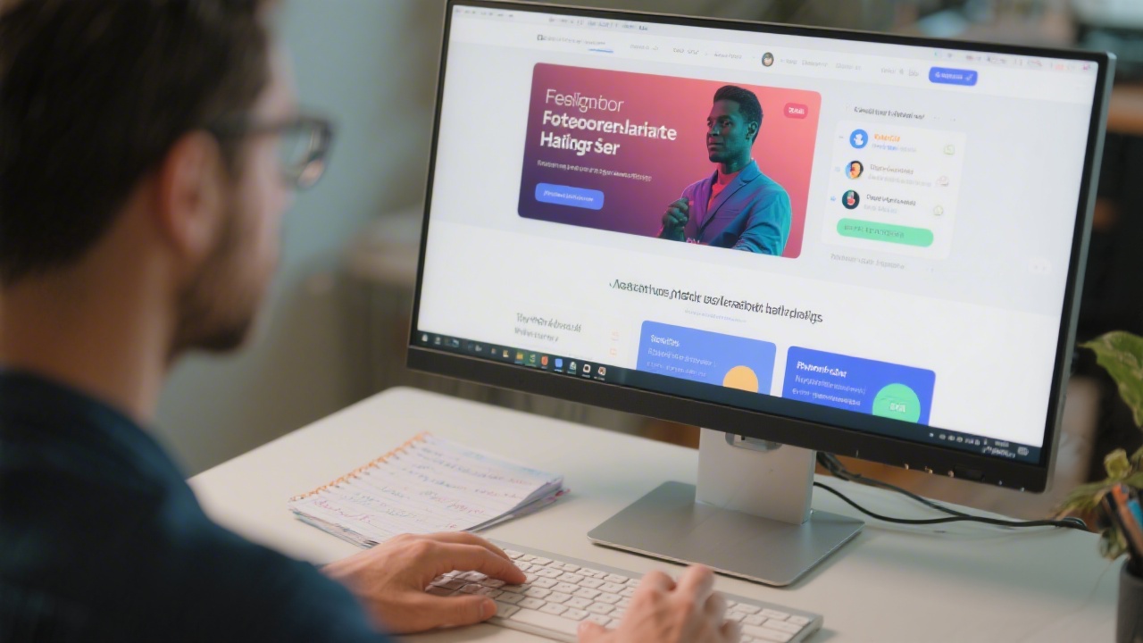 Designer refining responsive landing page layout on large monitor featuring above the fold hero, social proof, and conversion focused sections while referencing UX research notes