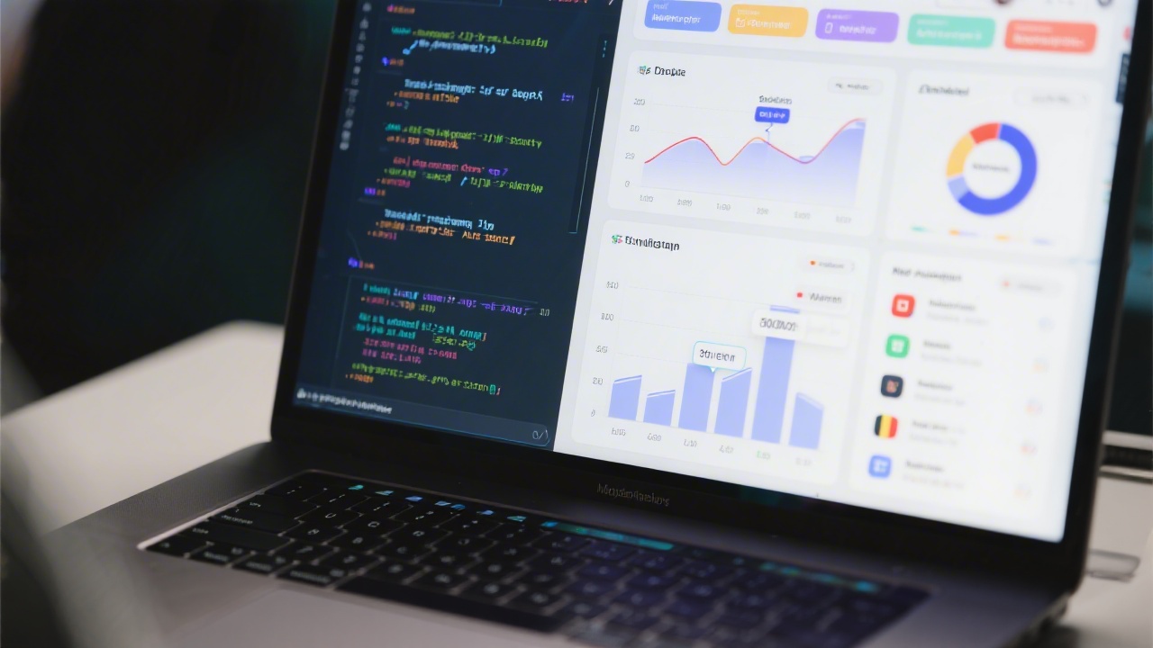 Close-up view of developer laptop showing code editor alongside analytics dashboards, marketing automation widgets, and integrated collaboration tools representing the technology stack powering Belgian digital campaigns